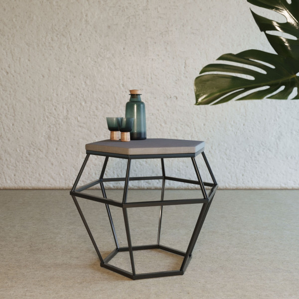 Modern Gray Concrete And Black Metal Hexagonal End Table (473141)