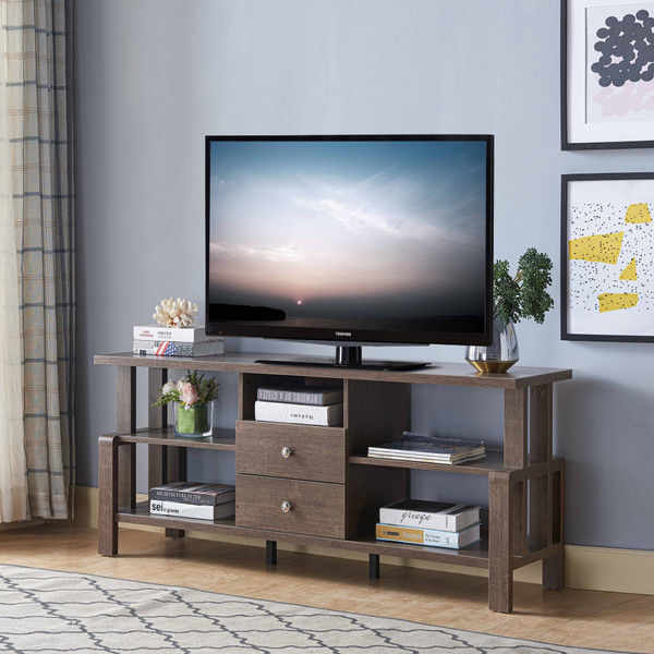 Walnut Oak Rustic Geo Tv Stand With Two Center Drawer (473277)