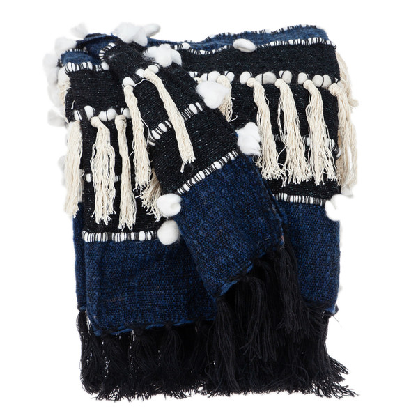 Navy Blue Boho Woven Handloom Throw With Pom Pom (476221)