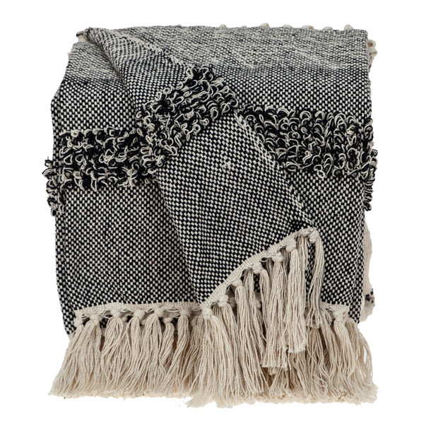 Boho Beige And Black Handloom Weave Throw With Decorative Tassels (476222)
