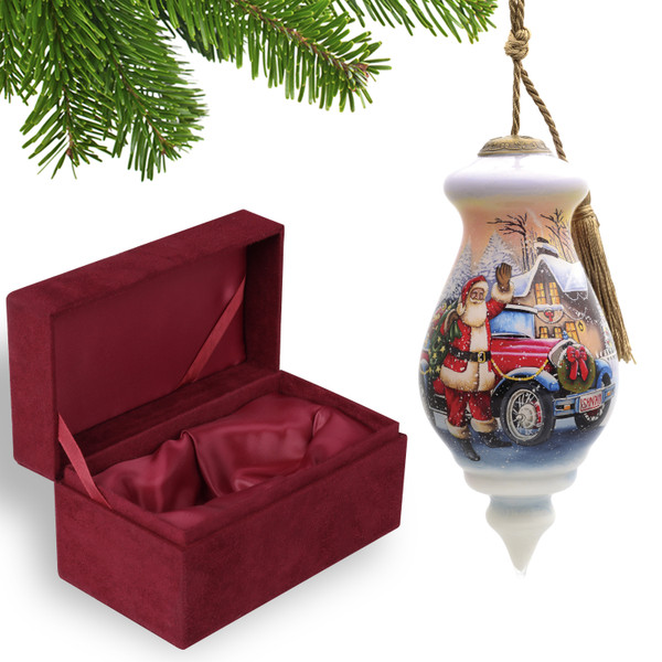Vintage Car And Santa Waving Hand Painted Mouth Blown Glass Ornament (477437)