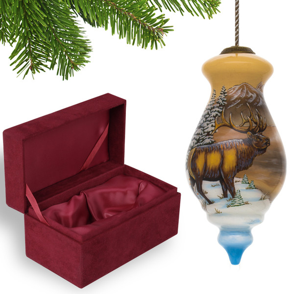 Elk On The Mountains Hand Painted Mouth Blown Glass Ornament (477442)