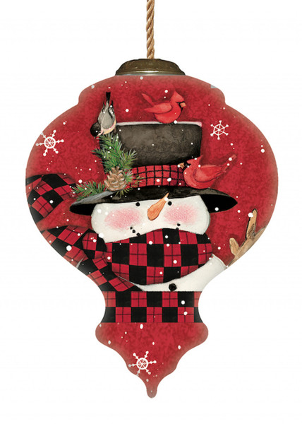 Plaid Snowman And Cardinals Hand Painted Mouth Blown Glass Ornament (477497)