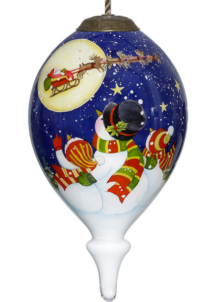 Snowmen Family Watching Santa On A Sleigh Hand Painted Mouth Blown Glass Ornament (477524)