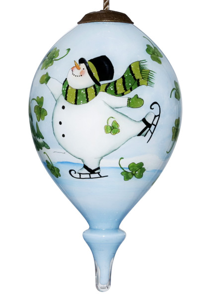 Ice Skating Shamrock Snowman Hand Painted Mouth Blown Glass Ornament (477527)