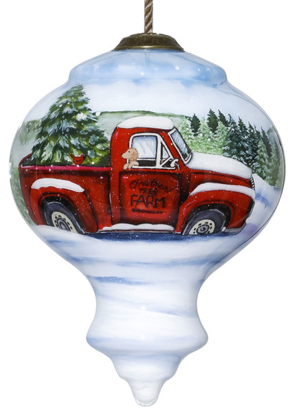 Red Farm Truck With Tree Hand Painted Mouth Blown Glass Ornament (477529)