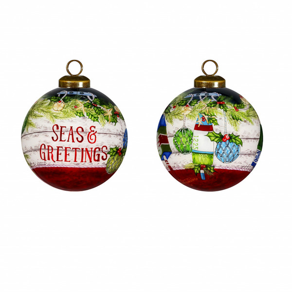 Holly Seas And Greetings Hand Painted Mouth Blown Glass Ornament (477545)