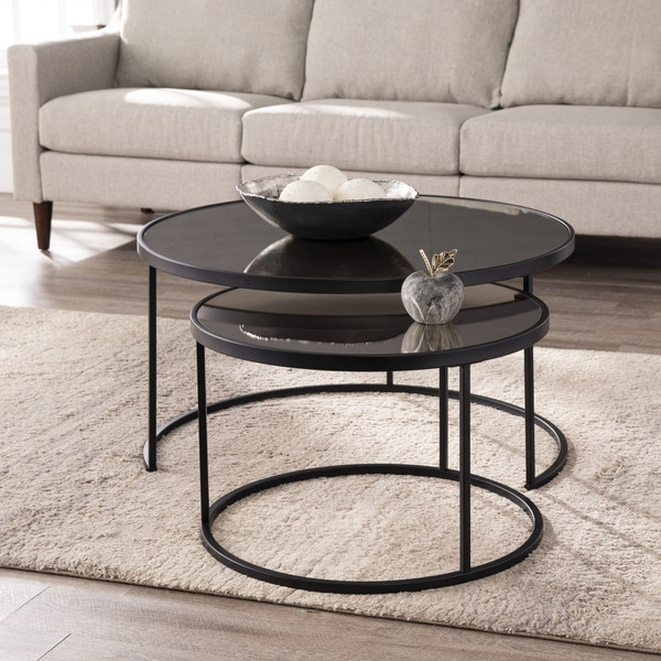 Set Of Two Black And Silver Mirrored Round Nested Coffee Table Set (402086)