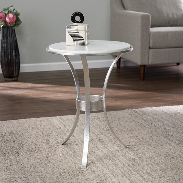 23" Silver And White Marble Curvy Leg Round End Table (402259)