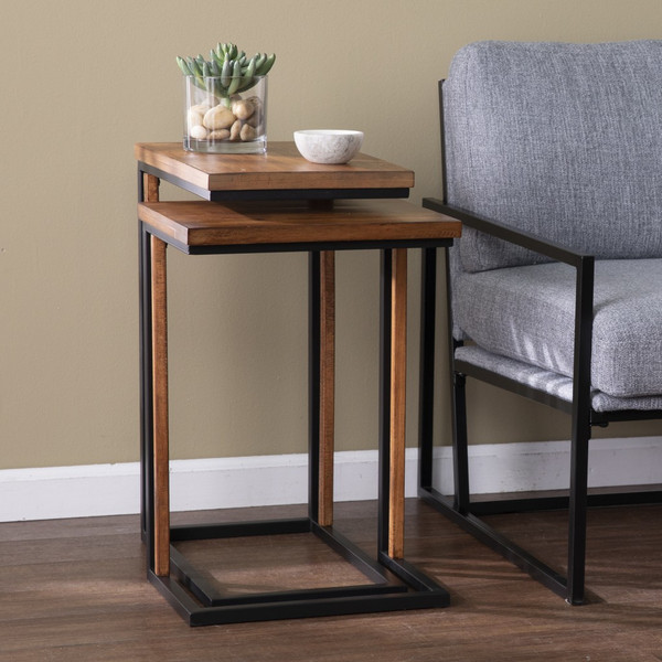 Set Of Two 25" Brown Solid Wood Rectangular Nested End Tables (402287)