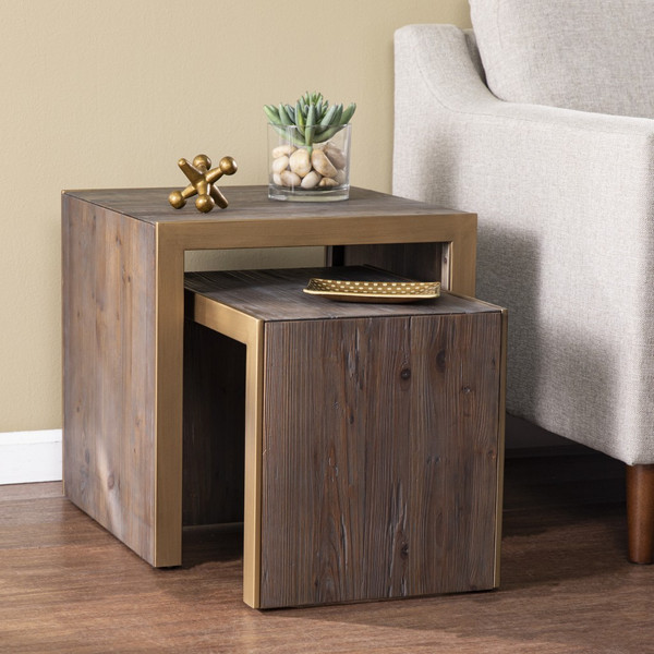 Set Of Two 19" Gray Solid Wood And Gold Chunky Nested End Tables (402289)