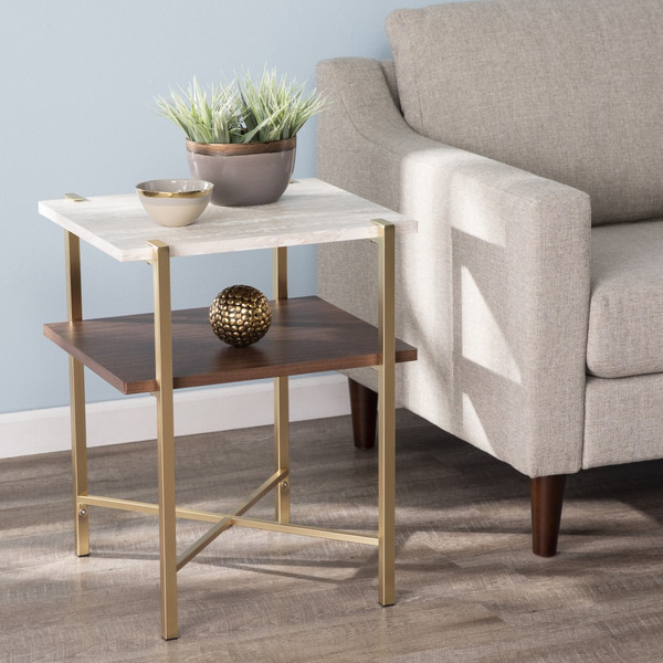 24" Brass Manufactured Wood And Iron Square End Table With Shelf (402451)