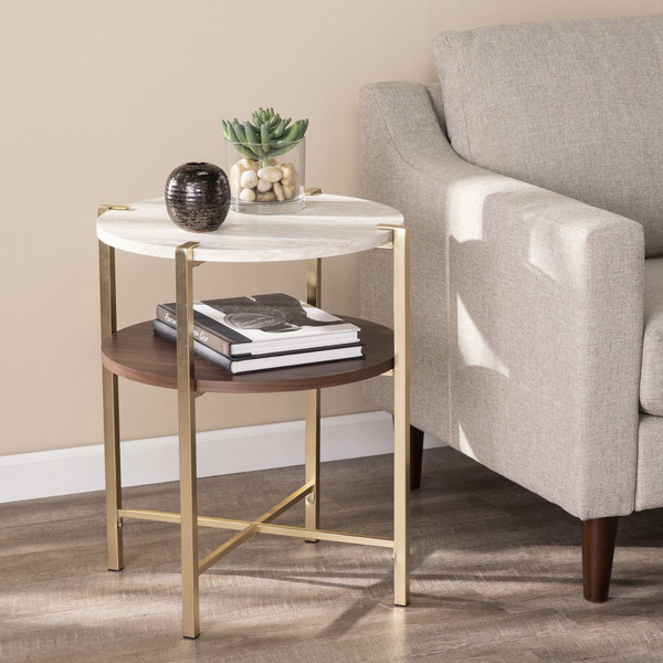 24" Brass Manufactured Wood And Iron Round End Table With Shelf (402470)