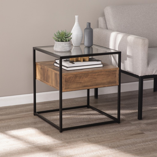 22" Black Glass And Iron Square End Table With Drawer With Shelf (402507)