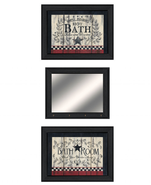 Set Of Three Americana Wash Room Black Frame Bathroom Wall Art With Mirror (407021)