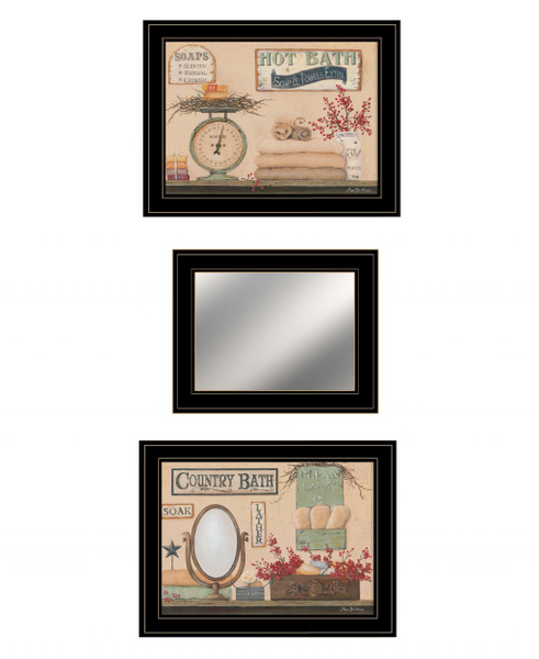 Set Of Three Wash Room Black Rim Frame Bathroom Wall Art With Mirror (407131)