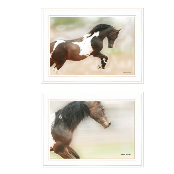 Set Of Two Wild Horses White Framed Print Wall Art (407234)