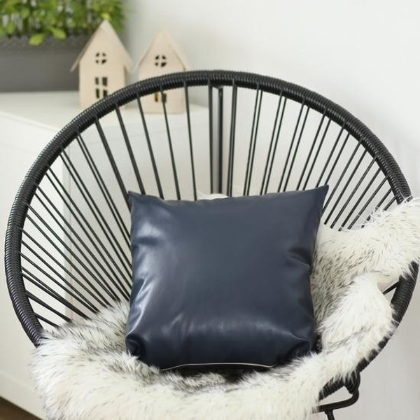 22" X 22" Navy Blue Solid Color Handmade Faux Leather Throw Pillow Cover (408273)