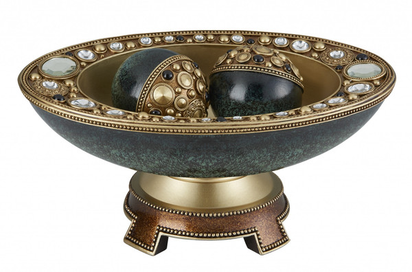 8" Marbleized Green And Gold Polyresin Decorative Bowl With Orbs (468324)
