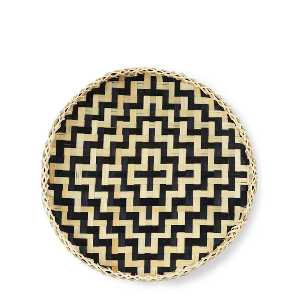 13" Black And Natural Round Wicker Geometric Handmade Tray With Handles (476491)