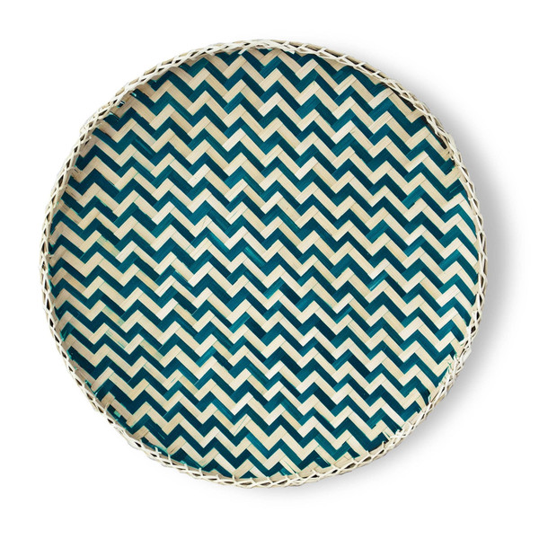 20" Teal And Natural Wicker Chevron Round Handmade Basket Tray (476494)