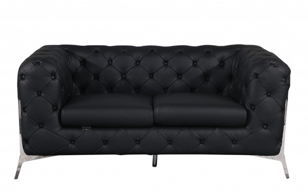 69" Black Tufted Italian Leather And Chrome Love Seat (477571)