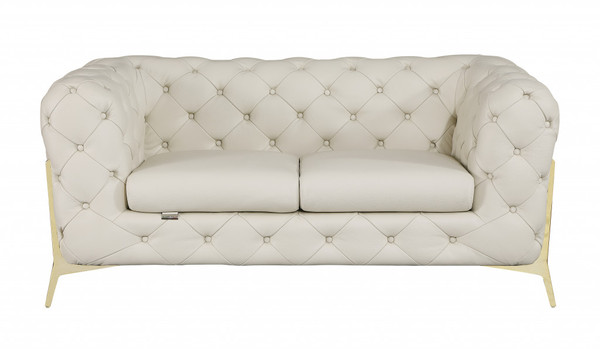 69" Beige All Over Tufted Italian And Gold Leather Love Seat (477573)