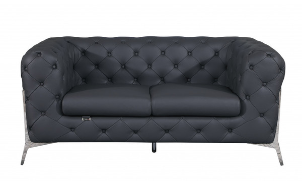 69" Dark Gray All Over Tufted Italian Leather And Chrome Love Seat (477574)