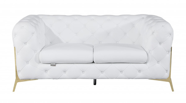 69" White All Over Tufted Italian And Gold Leather Love Seat (477575)