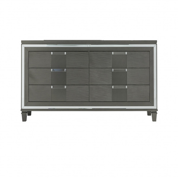 64" Metallic Grey Solid Wood Mirrored Six Drawer Double Dresser (478656)