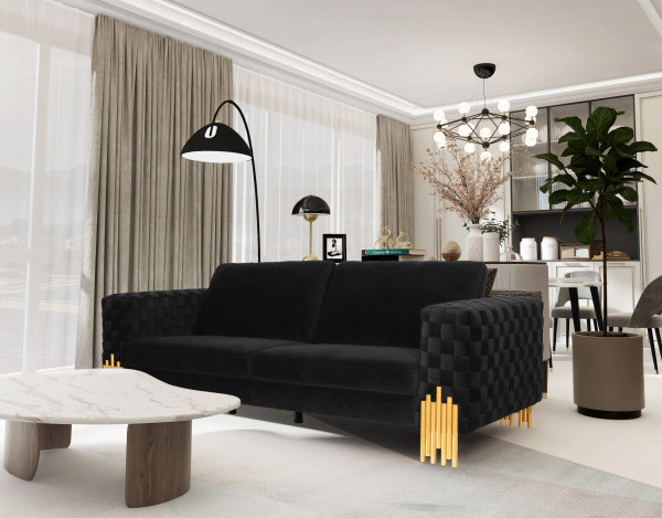 Stylish Black Velvet And Gold Accent Sofa (480937)