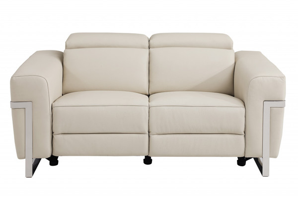 65" Beige Italian Leather With Chrome Accents Reclining Love Seat (482199)