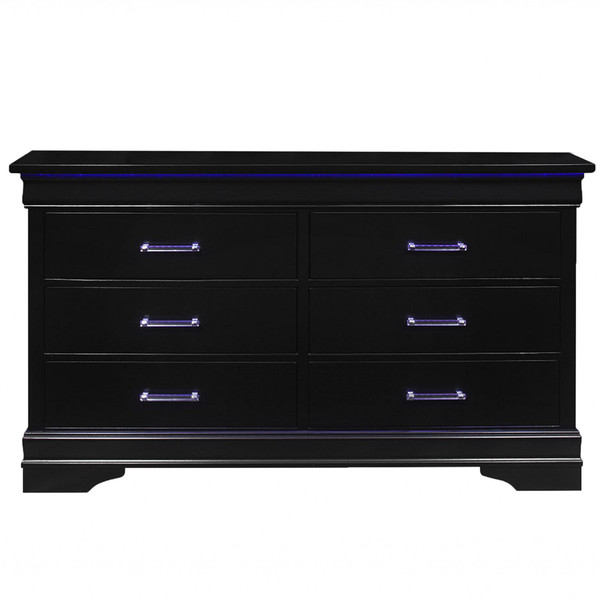 59" Black Solid Wood Six Drawer Double Dresser With Led (482392)