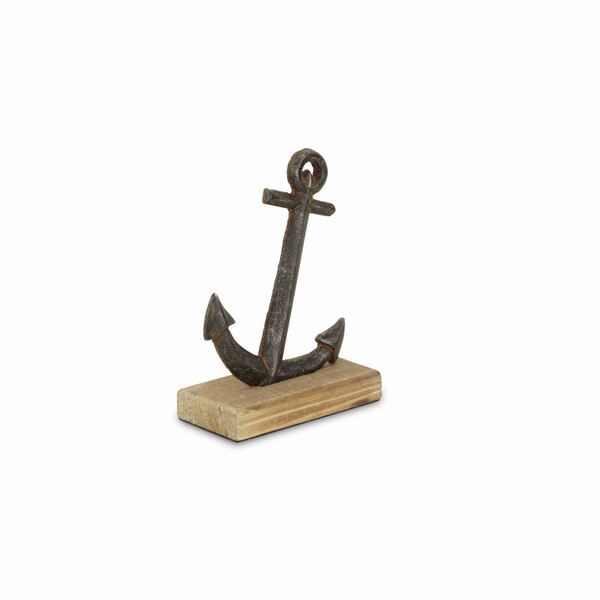 8" Gray Cast Iron Anchor On A Wood Base Sculpture (483257)