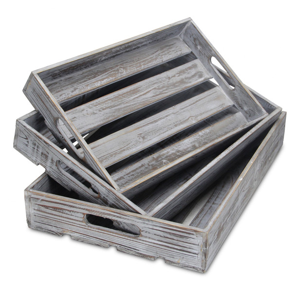 19" Gray Rectangular Wood Handmade Tray With Handles (483317)