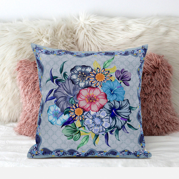 28X28 Blue Pink Gray Blown Seam Broadcloth Floral Throw Pillow (485437)