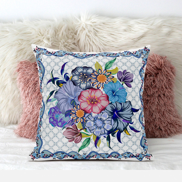 18X18 White Blue Blown Seam Broadcloth Floral Throw Pillow (485449)
