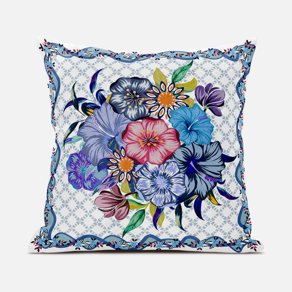 26X26 White Blue Blown Seam Broadcloth Floral Throw Pillow (485451)