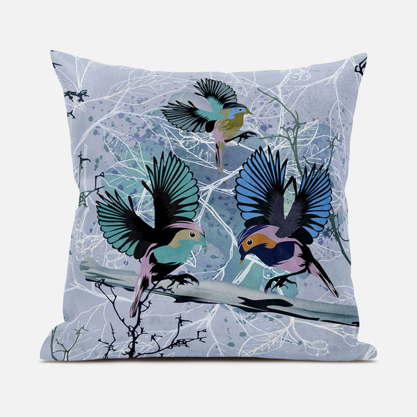 16X16 Blue Pink Gray Bird Blown Seam Broadcloth Animal Print Throw Pillow (485539)