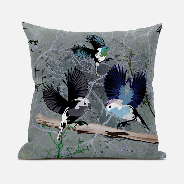 26X26 Off White Green Bird Blown Seam Broadcloth Animal Print Throw Pillow (485547)