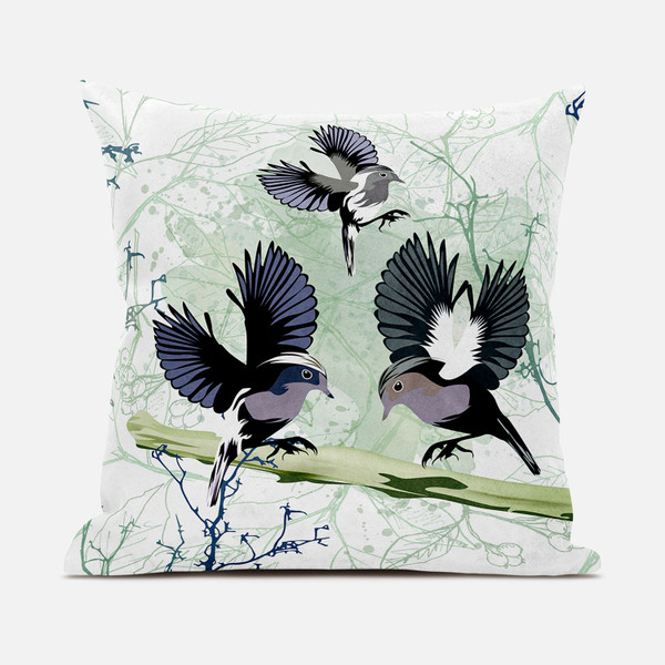 18X18 Offwhite Green Gray Bird Blown Seam Broadcloth Animal Print Throw Pillow (485560)