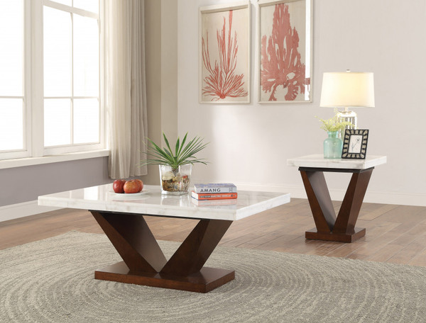 23" Walnut And White Marble Manufactured Wood Square End Table (486367)