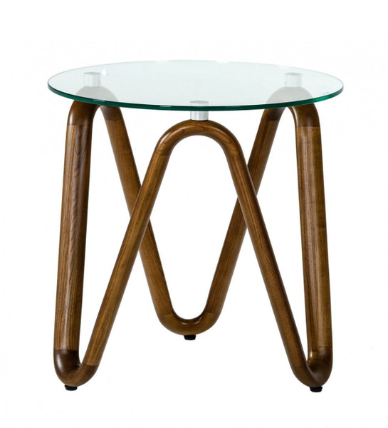 20" Walnut And Clear Glass Solid Wood Ribbon Base Round End Table (487351)