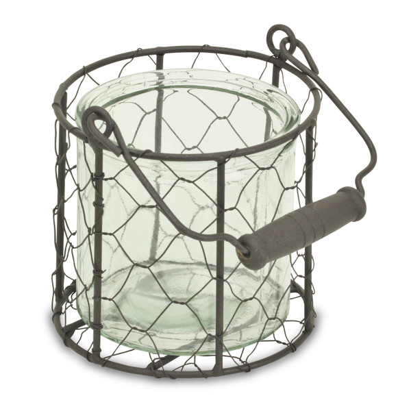 4.5" Brown And Clear Wire Basket And Glass Jar (488157)