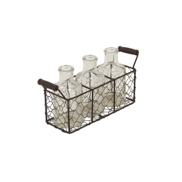 8.5" Set Of Three Glass Bottles In Brown Wire Basket (488165)