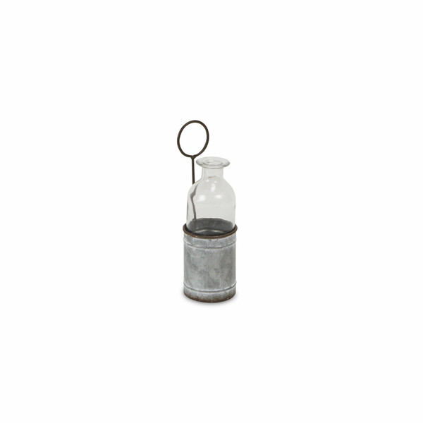 8" Gray Galvanized Metal And Glass Jar Holder (488184)