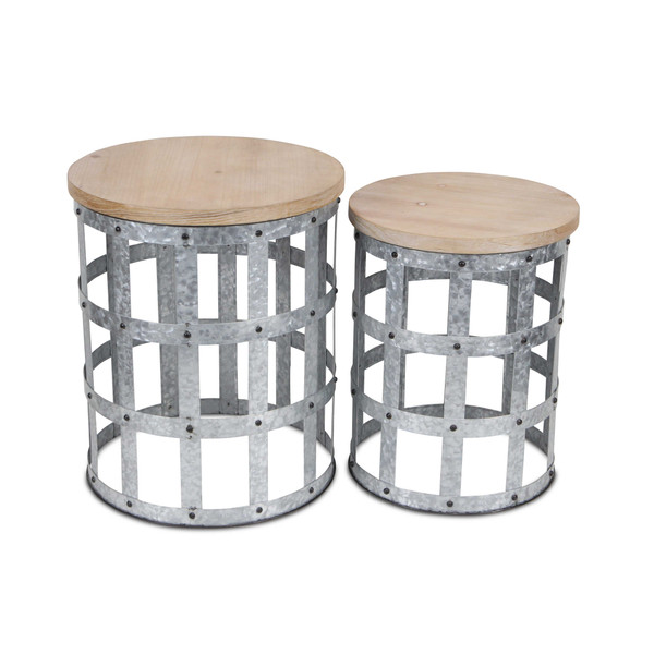 Set Of Two 19" Gray And Brown Solid Wood And Steel Round Nested Tables (489326)