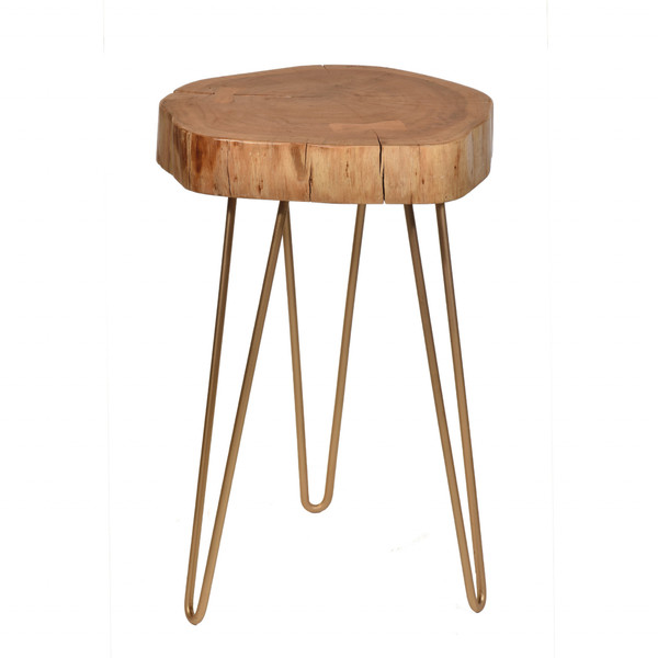 26" Gold And Natural Solid Wood Round End Table (493249)