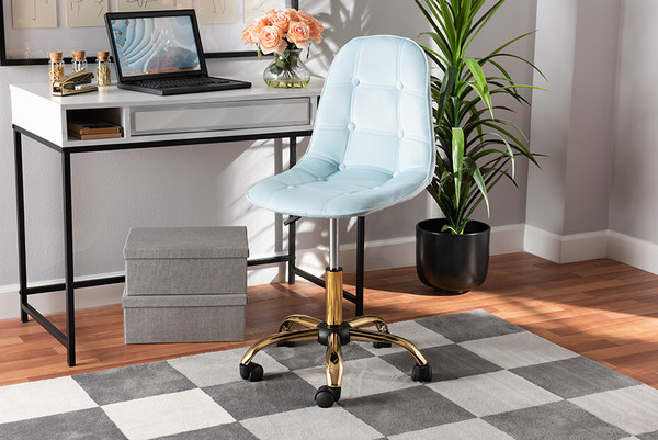 Kabira Contemporary Glam And Luxe Aqua Velvet Fabric And Gold Metal Swivel Office Chair NF02-Aqua Velvet/Gold-Office Chair