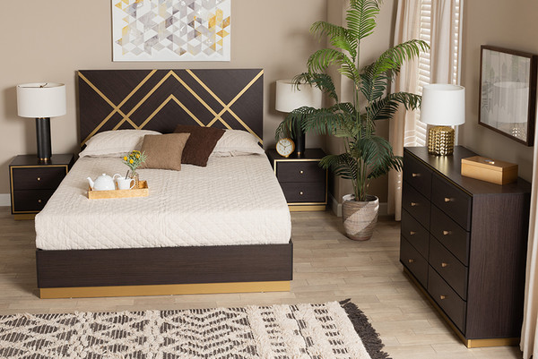 Arcelia Contemporary Glam And Luxe Two-Tone Dark Brown And Gold Finished Wood Queen Size 4-Piece Bedroom Set SEBED13032026-Modi Wenge/Gold-Queen-4PC N/D Set
